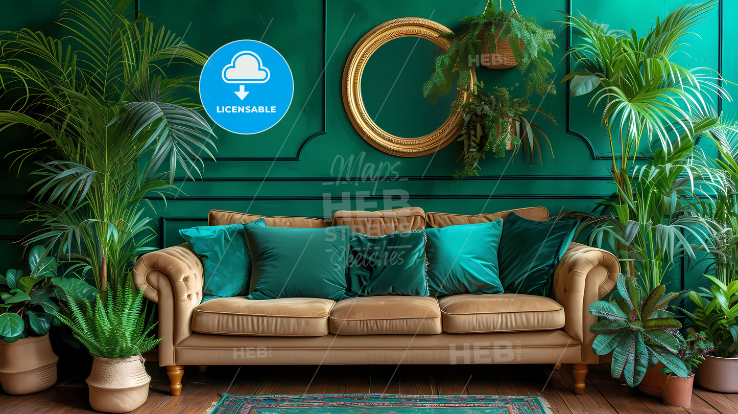 Contemporary Living Room With Brown Eco Leather Couch - A Couch With Pillows In A Room With Green Walls