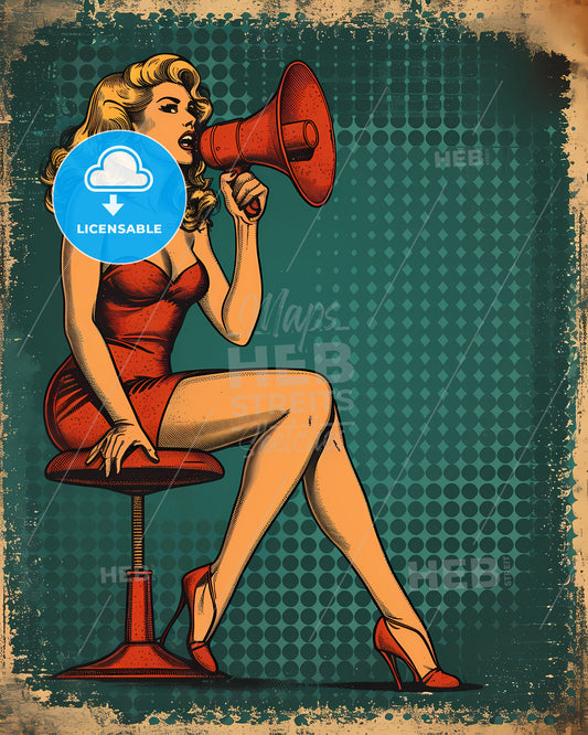 Pin Up In 50S Style Clothes Girl Sitting With Megafon And Shouting - A Woman Sitting On A Stool With A Megaphone