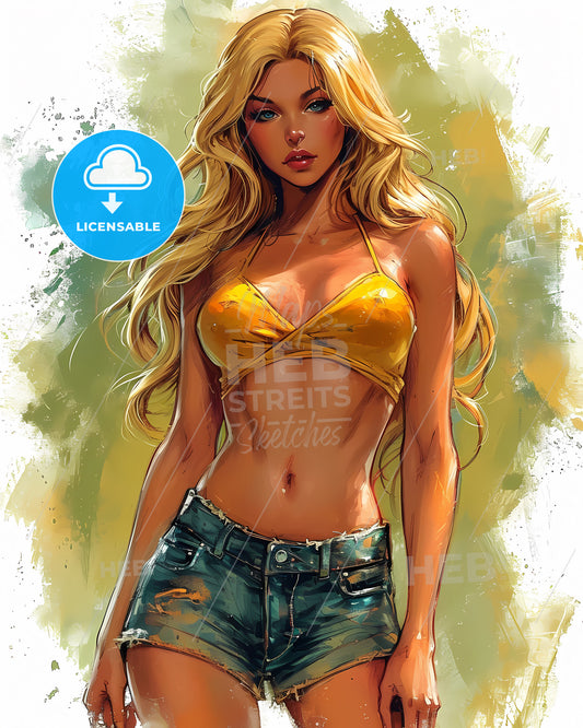 Illustration Of A Beautiful Pin Up Model Full Body - A Woman In A Garment Top And Shorts