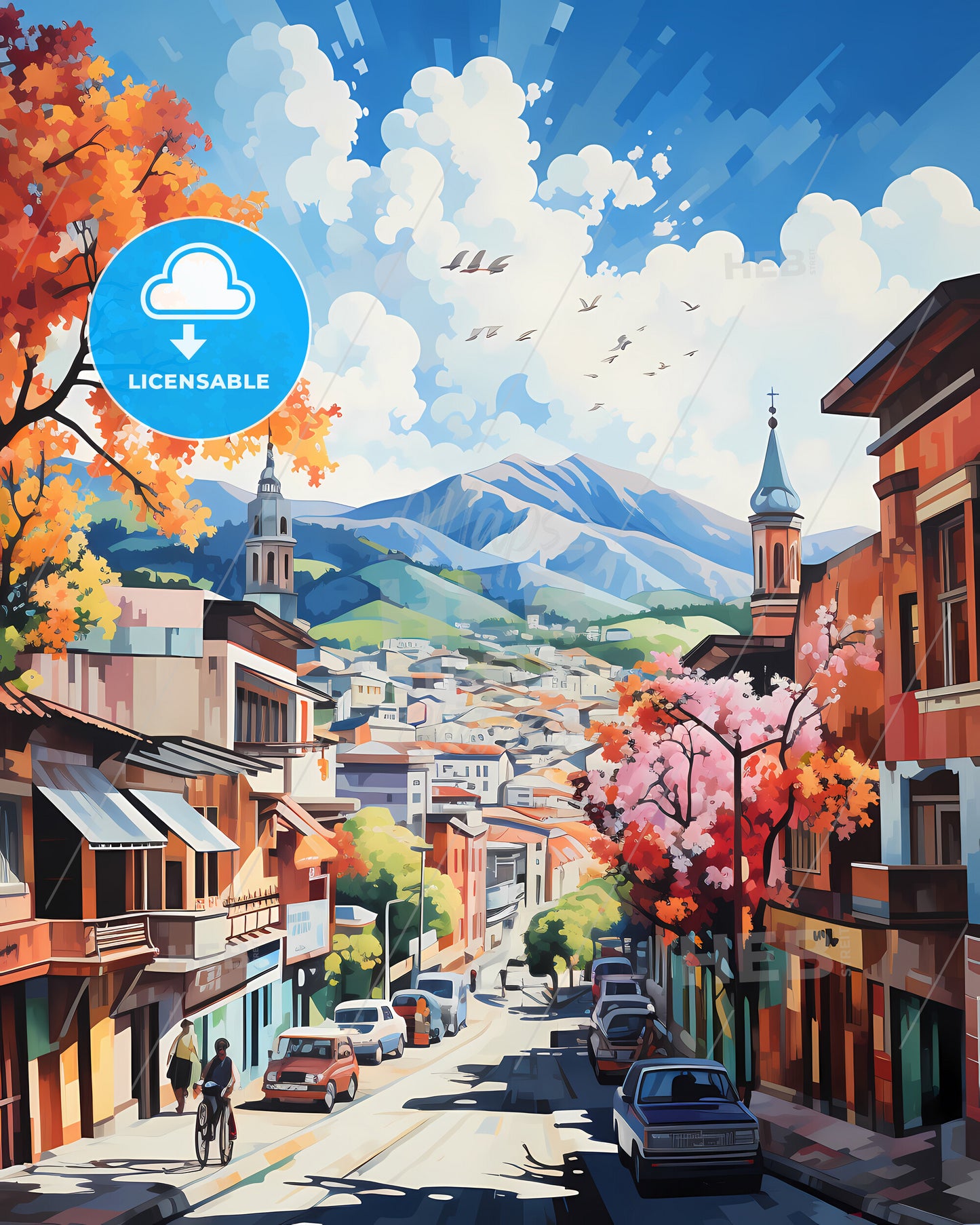 Tirana, Albania, - A Painting Of A Street With Cars And Mountains In The Background