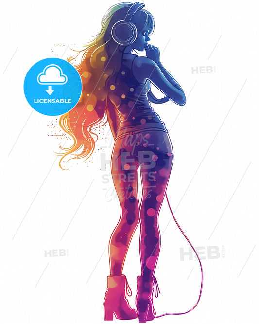 A Standing Woman, Listining A Music Illustrations Vector Design - A Woman Wearing Headphones