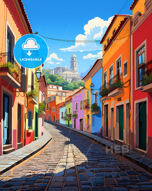 Funchal, Portugal - A Colorful Street With Buildings And A Castle In The Background