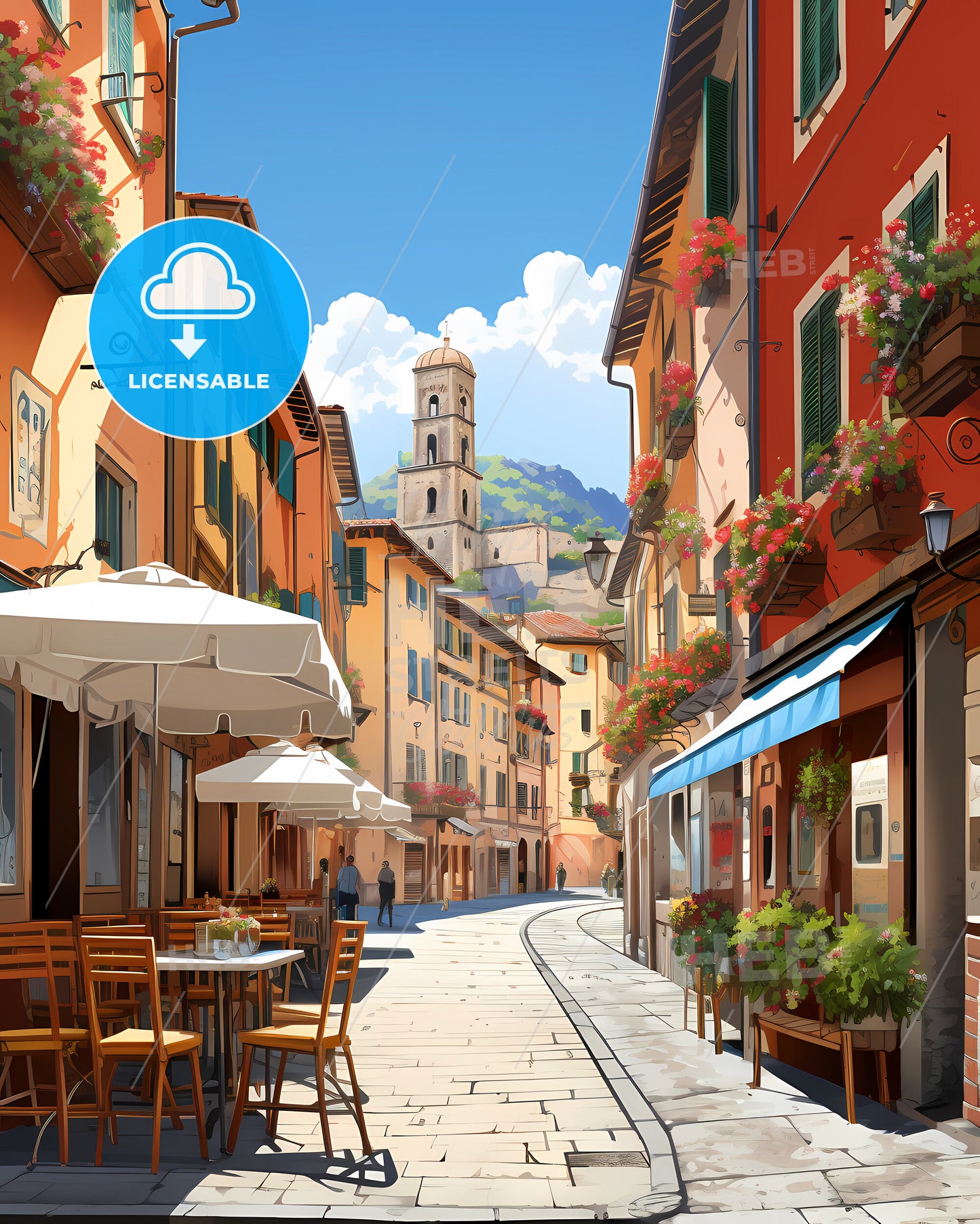 Prato, Italy - A Street With Tables And Chairs And Tables With Umbrellas And Flowers
