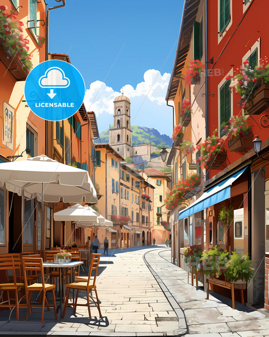 Prato, Italy - A Street With Tables And Chairs And Tables With Umbrellas And Flowers