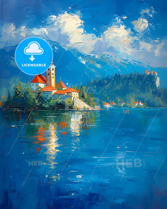 Bled Island, Slovenia - A Painting Of A Building On An Island In A Lake