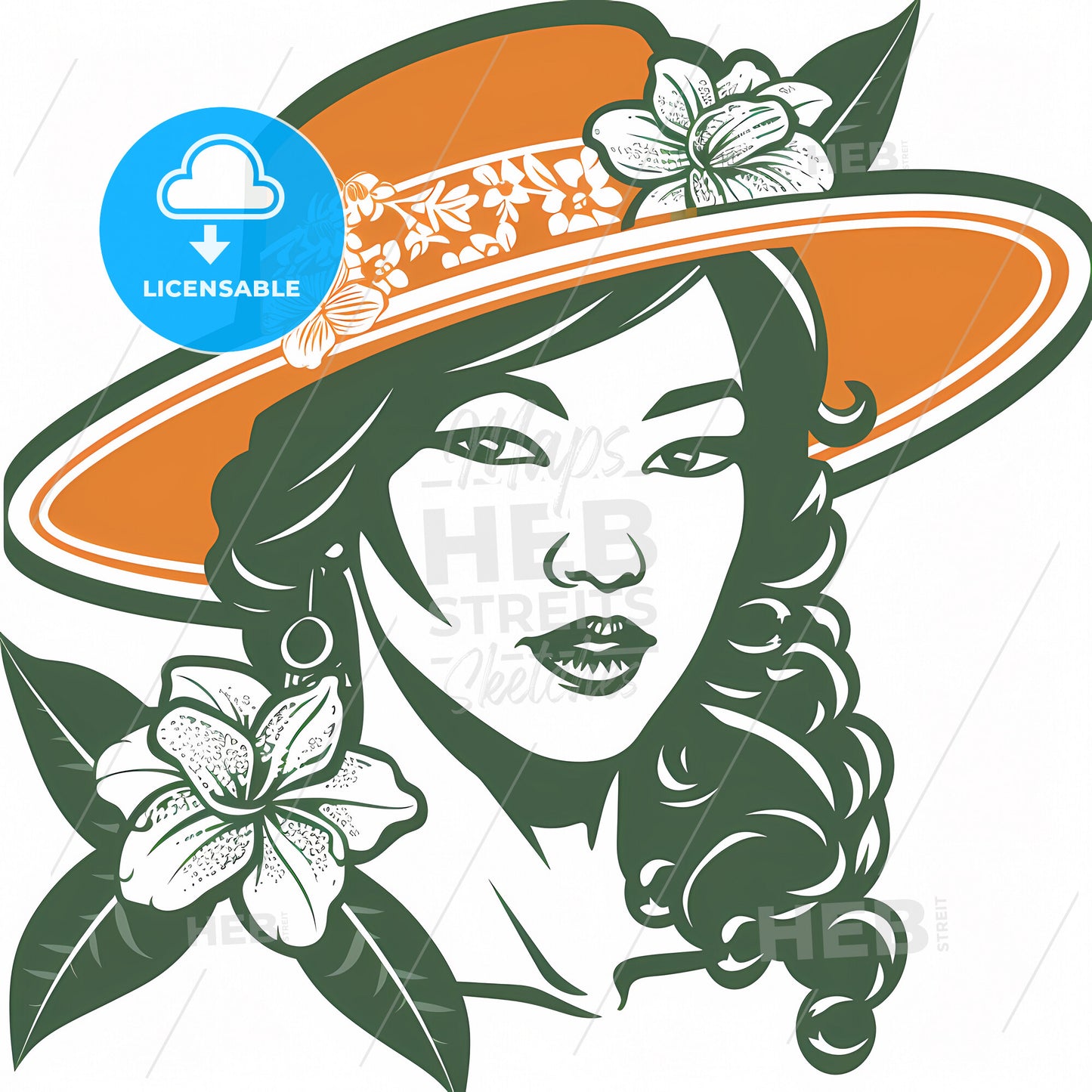 Logo Design, Chinese Fruit Farmer And Citrus In One, White Background - A Woman With A Hat And Flowers