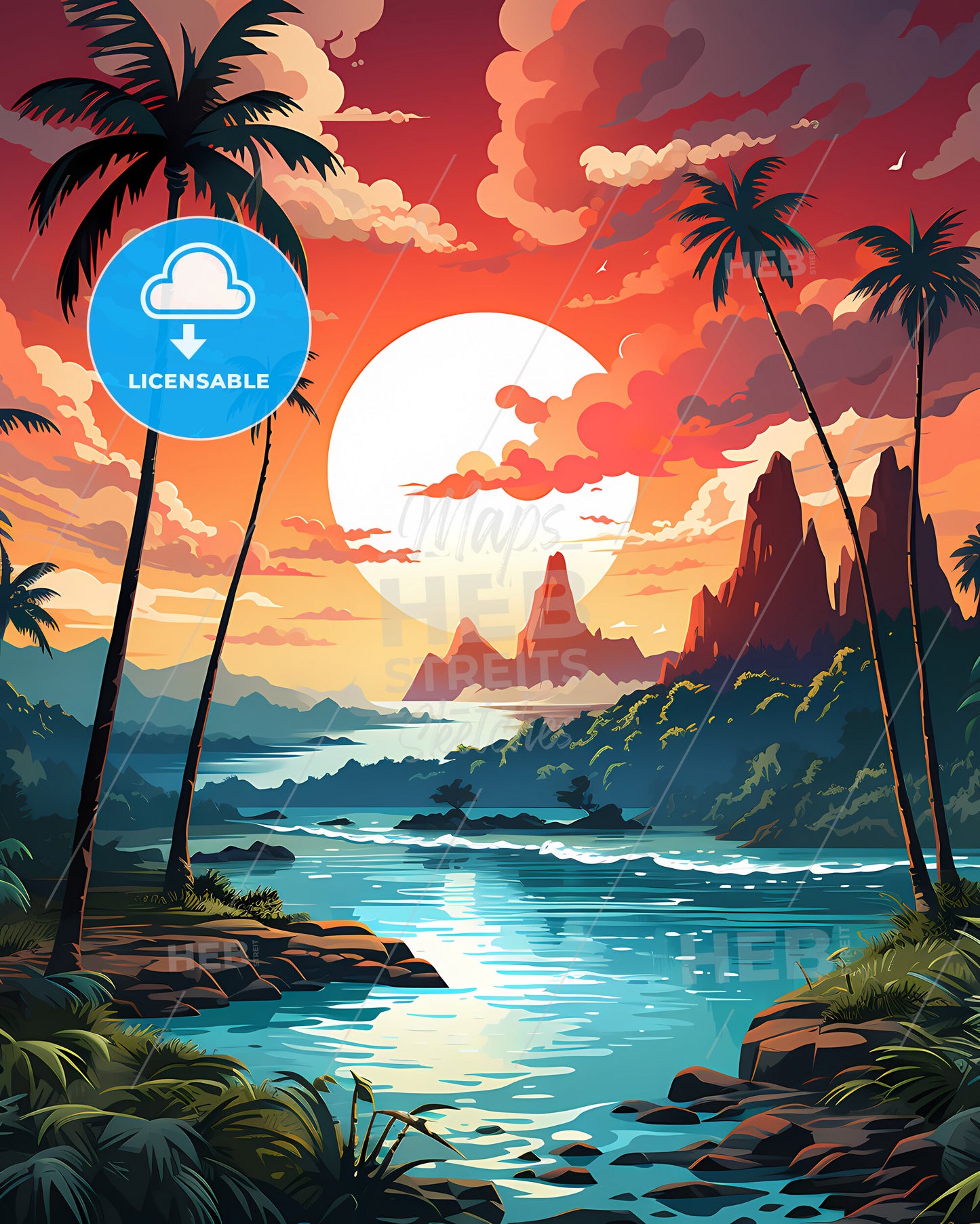 Cook Islands, New Zealand - A Sunset Over A River With Palm Trees