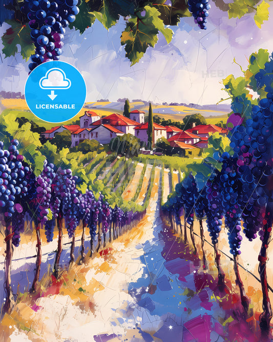 Barossa Valley, Australia - A Painting Of A Vineyard With A House And Grapes