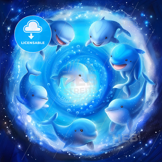 Smiling Cute Cartoon Whales In Different Poses, Swimming In A Swirl - A Group Of Blue Dolphins In A Circle