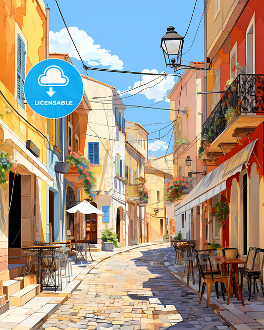 Perpignan, France - A Street With Tables And Chairs In A Small Town