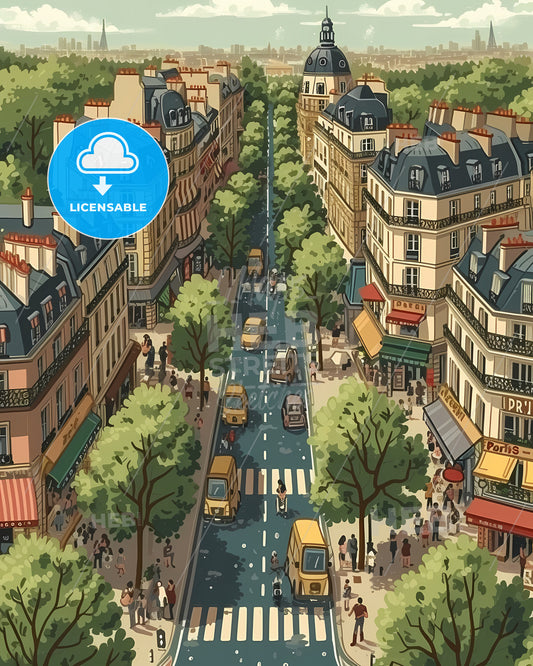 Poster Of Paris - A City Street With Many Buildings And Trees