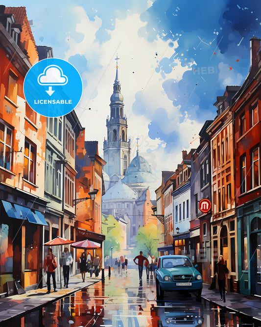 Brussels - A Street With Buildings And People Walking On It