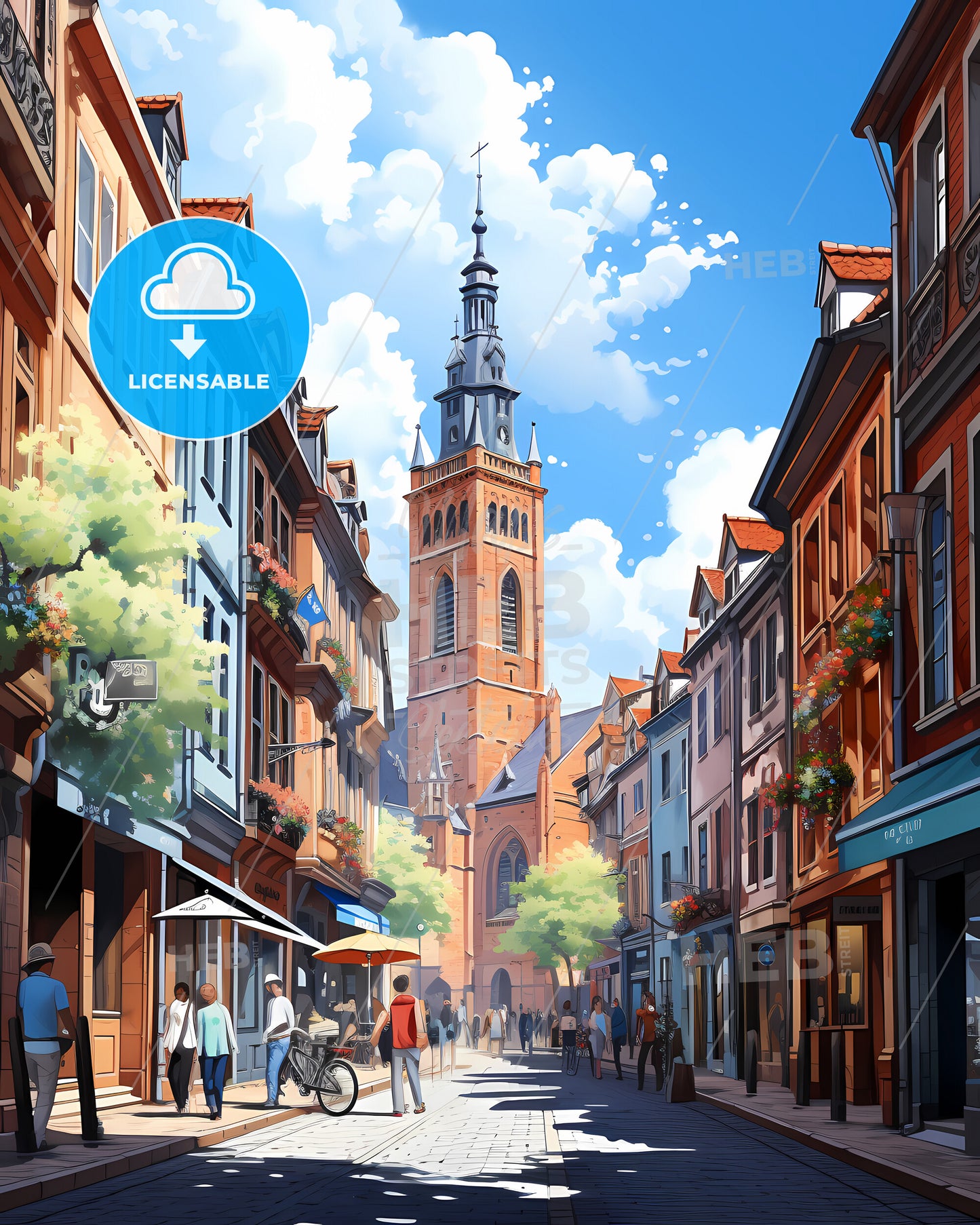 Toulouse, France - A Street With Buildings And People Walking And A Tower