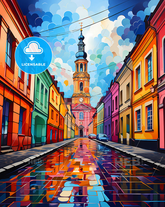 Lille, France - A Colorful Street With A Church Tower