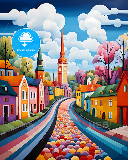 Västerås, Sweden, - A Painting Of A Street With Colorful Houses And Trees