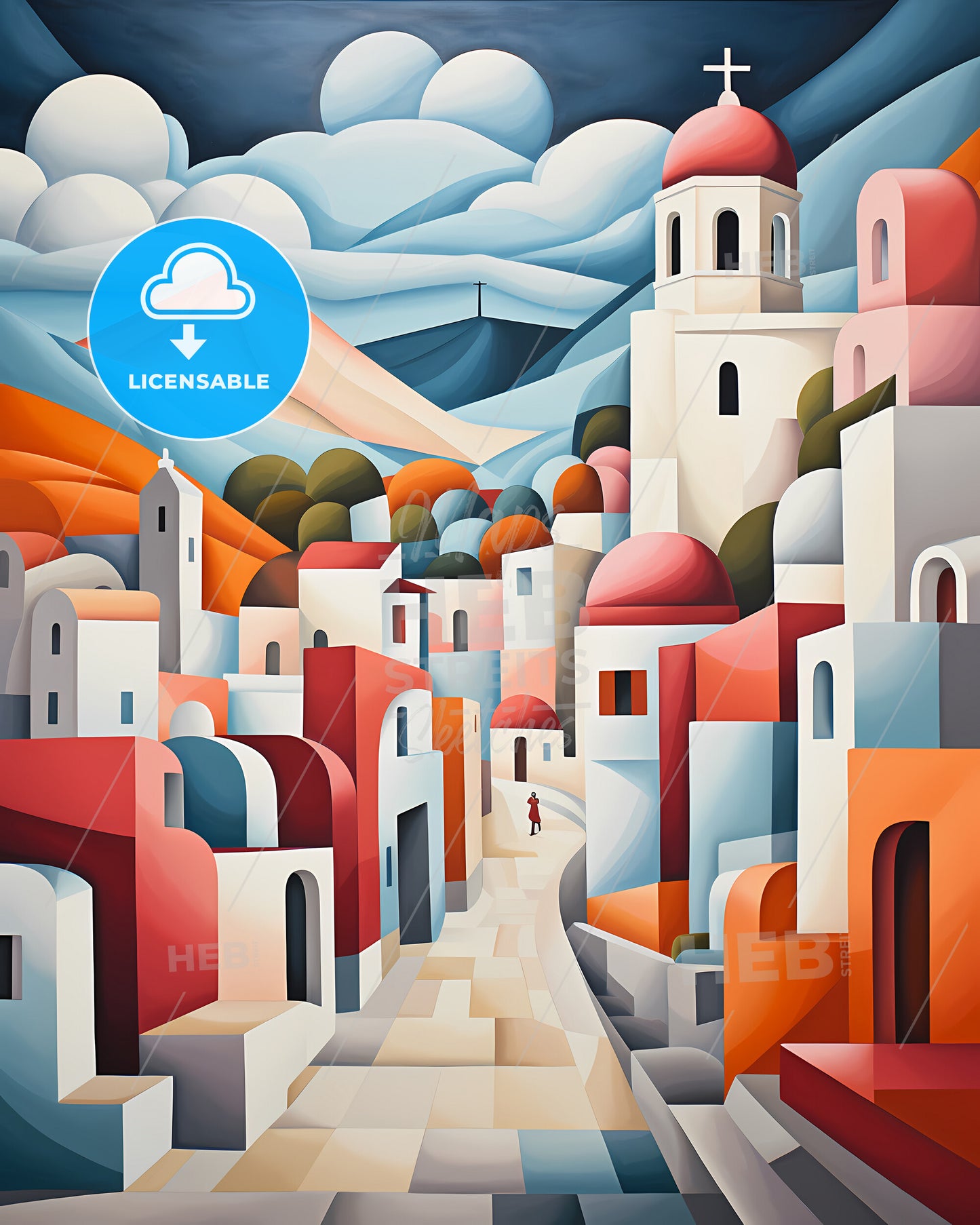 Aveiro, Portugal - A Painting Of A Town With A Person Walking On A Road