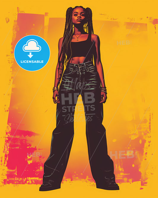 A Standing Woman, Listining A Music Illustrations Vector Design - A Woman With Long Braids Wearing Black Pants And A Tank Top
