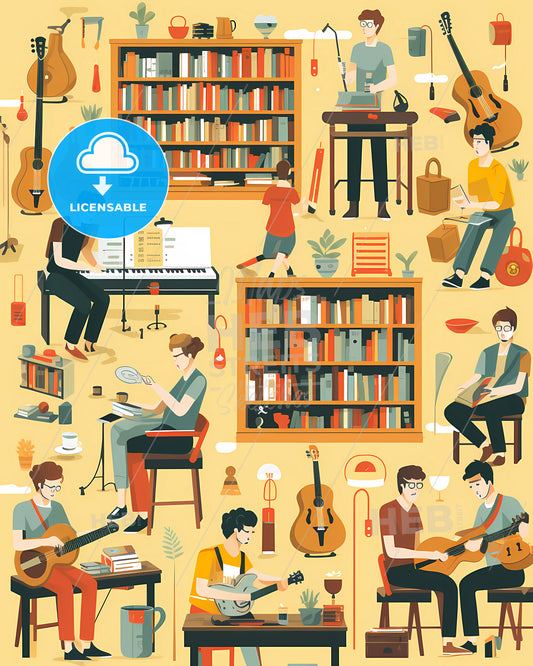 Travelling Hobby Poster, Simple, Layout, Airportcore - A Collage Of People Playing Music