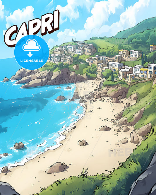 Capri Italy Poster With Text Capri In Bodony Font - A Cartoon Of A Beach With Buildings And Rocks