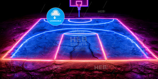 Pink Blue Glowing Neon Light, Basket On Basketball Field Scheme, Virtual Sport Playground, Sportive Game - A Basketball Court With Neon Lights