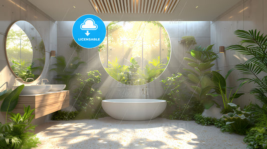 Modern Minimalist Bathroom Interior With A Green Bathroom Cabinet - A Bathroom With A Tub And Plants