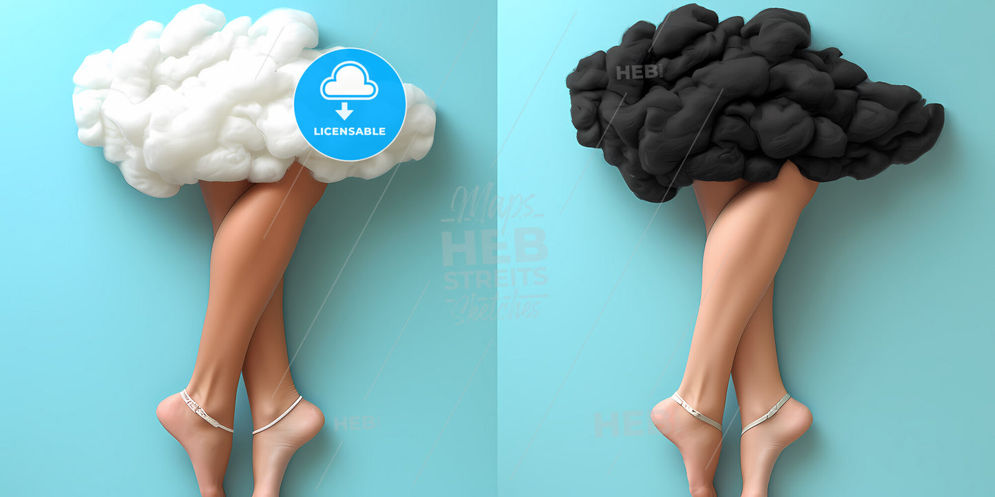 Couple Of Abstract White And Black Clouds With Mannequin Legs - A Pair Of Legs With Fluffy White And Black Objects
