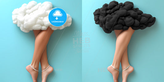 Couple Of Abstract White And Black Clouds With Mannequin Legs - A Pair Of Legs With Fluffy White And Black Objects