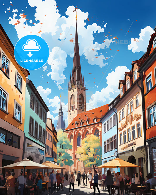 Stuttgart, Germany - A Street With Buildings And A Tall Tower