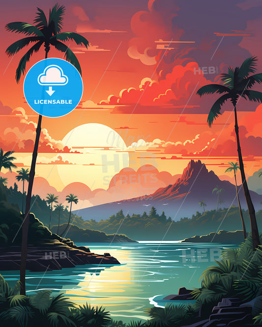 Hawaii, United States - A Sunset Over A River With Palm Trees