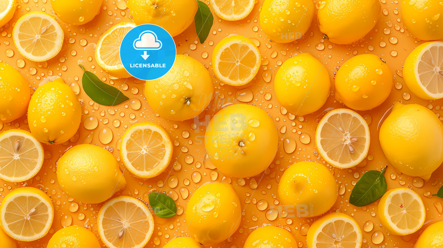 Food Background With Lemons In Water Drops - A Group Of Lemons And Slices Of Lemons On A Yellow Background