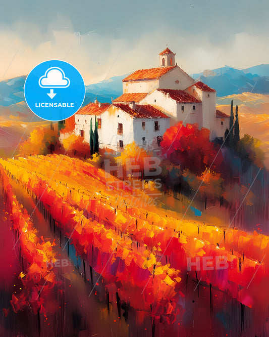 Rioja, Spain - A Painting Of A House On A Hill With A Vineyard