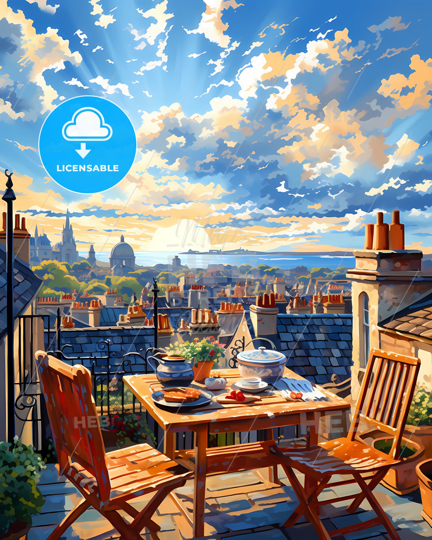 On The Roofs Of London, Uk - A Table And Chairs On A Rooftop Overlooking A City