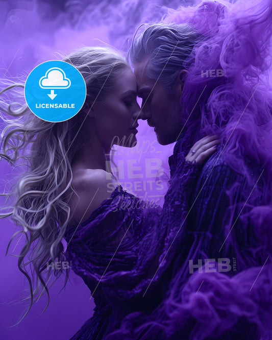 In A Passionate Embrace - A Man And Woman In Purple Smoke