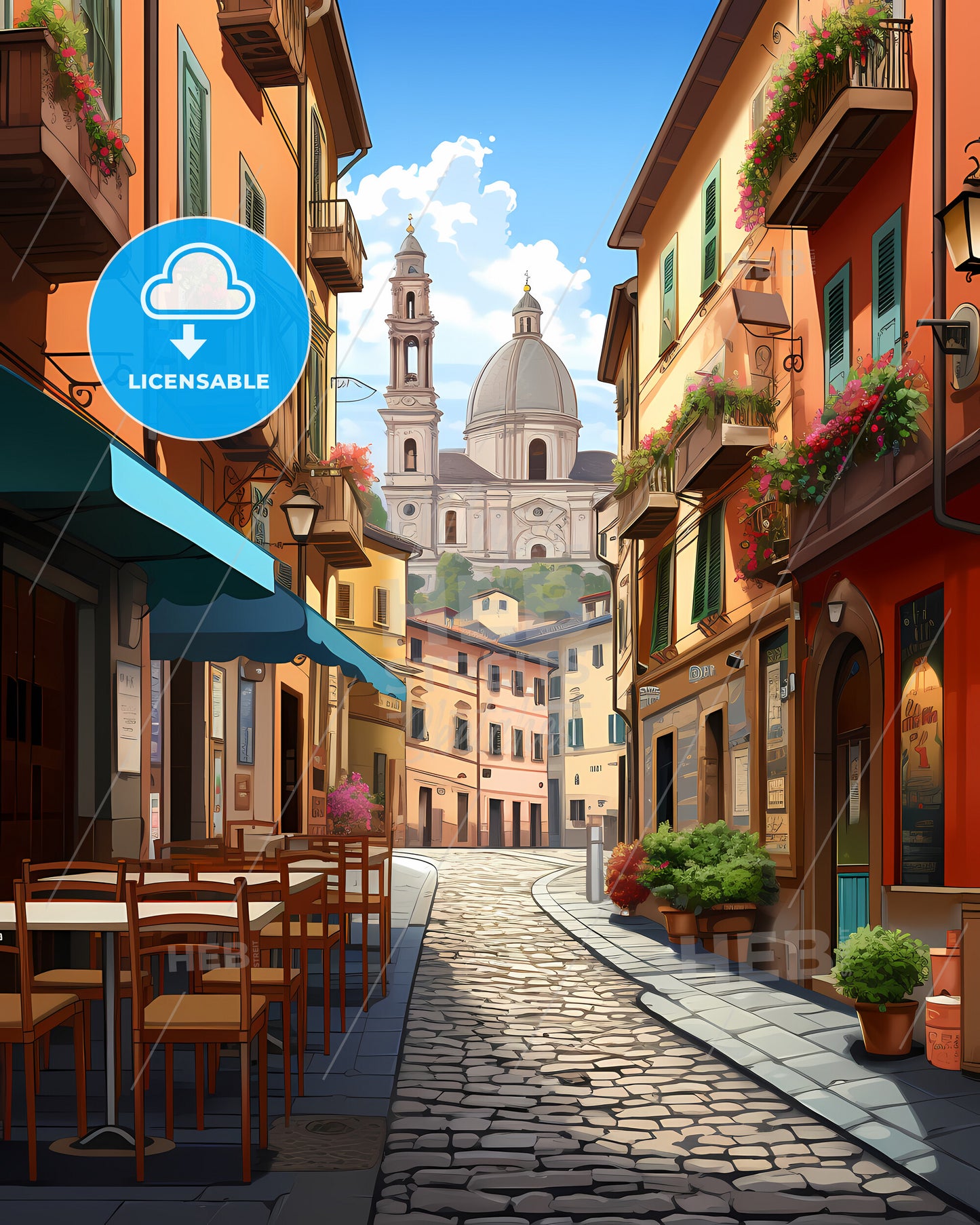 Turin, Italy - A Street With Tables And Chairs In Front Of A Building