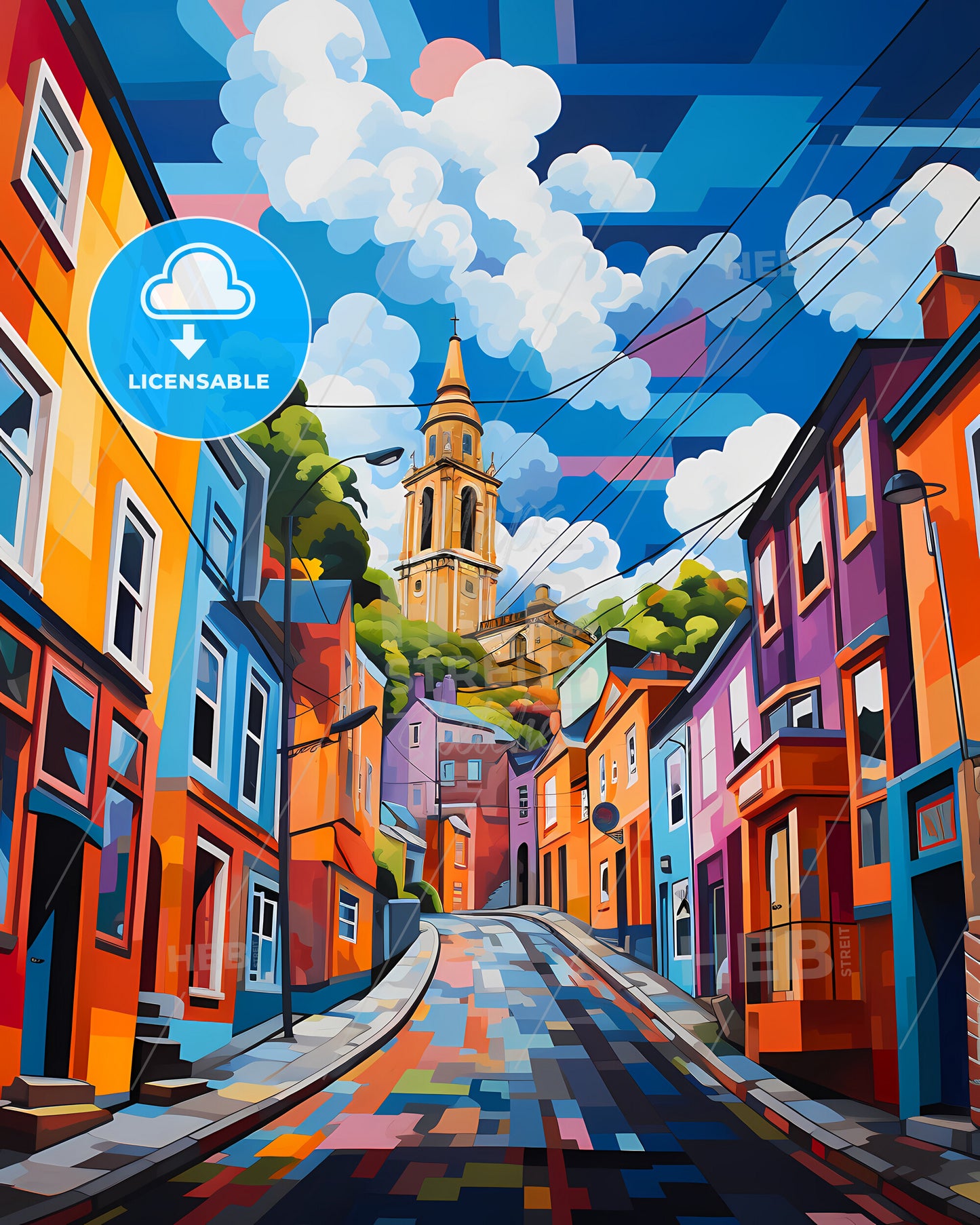 Kristiansand, Norway - A Colorful Street With A Tower In The Background