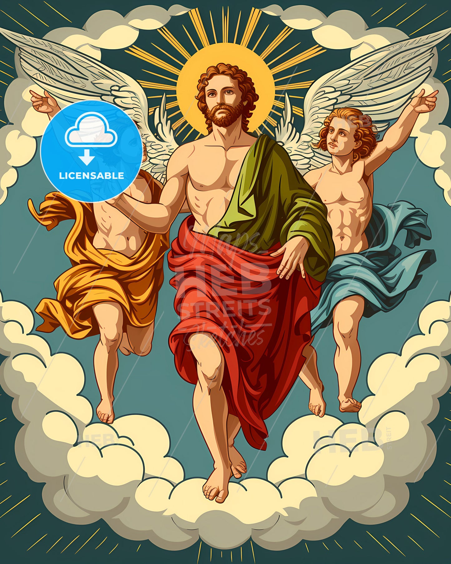 Group Of The Three Archangels St - A Painting Of A Man With Two Angels