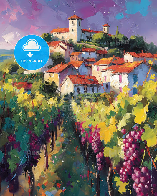 Beaujolais, France - A Painting Of A Town On A Hill With Grapes