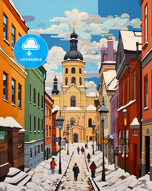 Helsinki, Finland - A Snow Covered Street With Buildings And People Walking