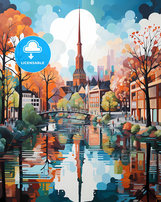 Eindhoven, Netherlands - A Painting Of A City With A River And Trees