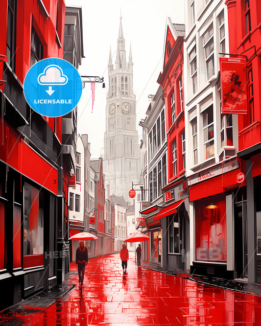 Antwerp, Belgium - A Person Walking Down A Street With Red Buildings And A Clock Tower