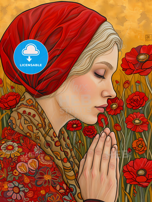 Hail Mary Full Of Grace The Lord Is With Thee - A Woman With Red Head Wrap Praying In A Field Of Flowers