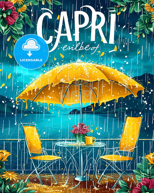 Capri Italy Poster With Text Capri In Bodony Font - A Table And Chairs Under An Umbrella On A Deck