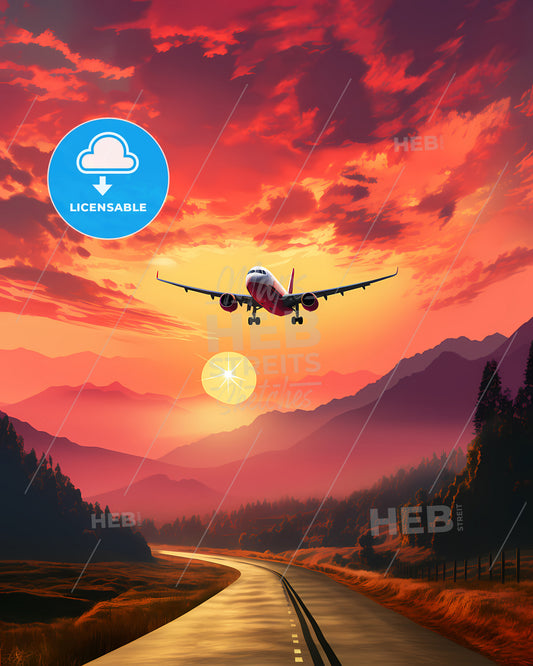 Travelling Hobby Poster, Simple, Layout, Airportcore - An Airplane Flying Over A Road