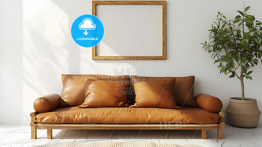 Contemporary Living Room With Brown Eco Leather Couch - A Brown Couch With Pillows And A Plant On The Wall
