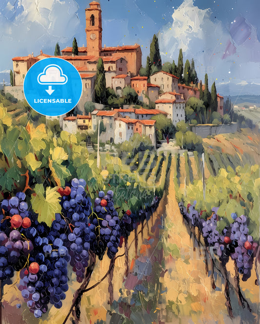 Montepulciano, Italy - A Painting Of A Town With A Vineyard And Grapes