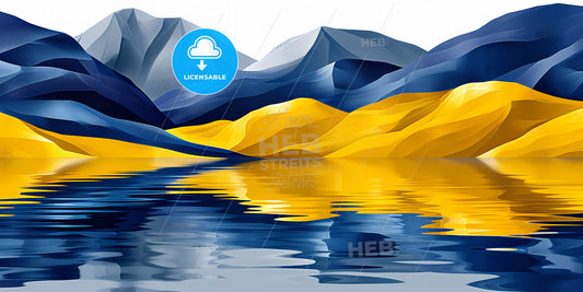 Abstract Fantastic Geometric Background - A Blue And Yellow Mountains And Water