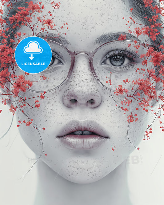 An Image Of A Woman With Flowers - A Woman With Freckles And Glasses With Red Flowers On Her Face