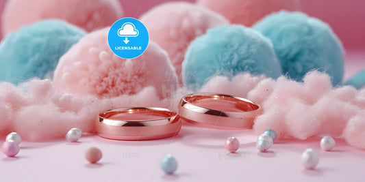 Gold Rings Above Fluffy Cloud Levitating, Isolated Object, Fashion Background, Modern Design, Abstract Metaphor - A Pair Of Gold Rings Next To Pink And Blue Balls