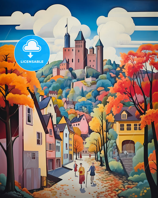 Nurnberg, Germany - A Painting Of A Castle On A Hill