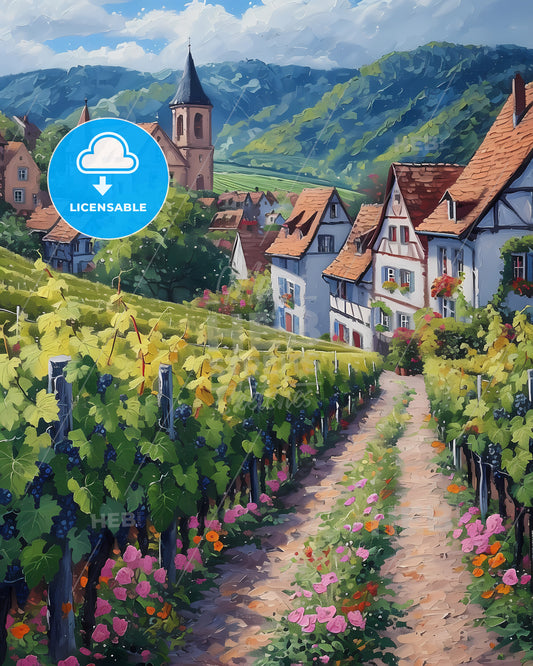 Alsace, France - A Painting Of A Vineyard With Buildings And Mountains In The Background